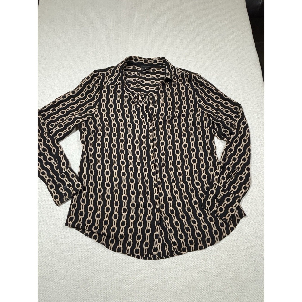 Worthington Blouse Women's Size M Black Gold Chain Button Front Old Money